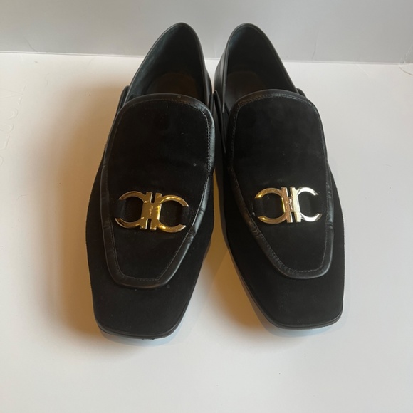 SALVATORE FERRAGAMO Lana Gancini Square Toe Block heel Loafers Black Gray Shoes - Picture 8 of 15